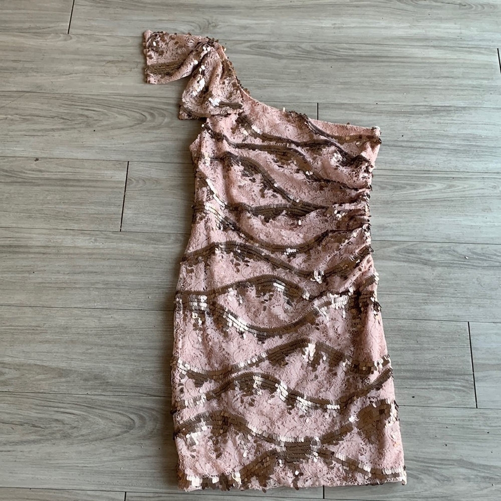 Sequin and lace off the shoulder cocktail dress